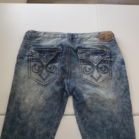 Affliction Jeans Mens 42 Blue Ace Distressed Embroidered Back Pockets Ripped - Picture 1 of 14